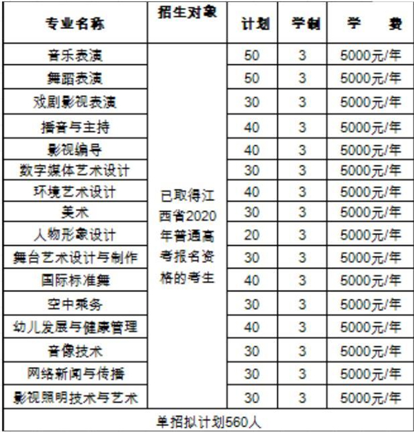 江西艺术职业学院2020年单独招生专业