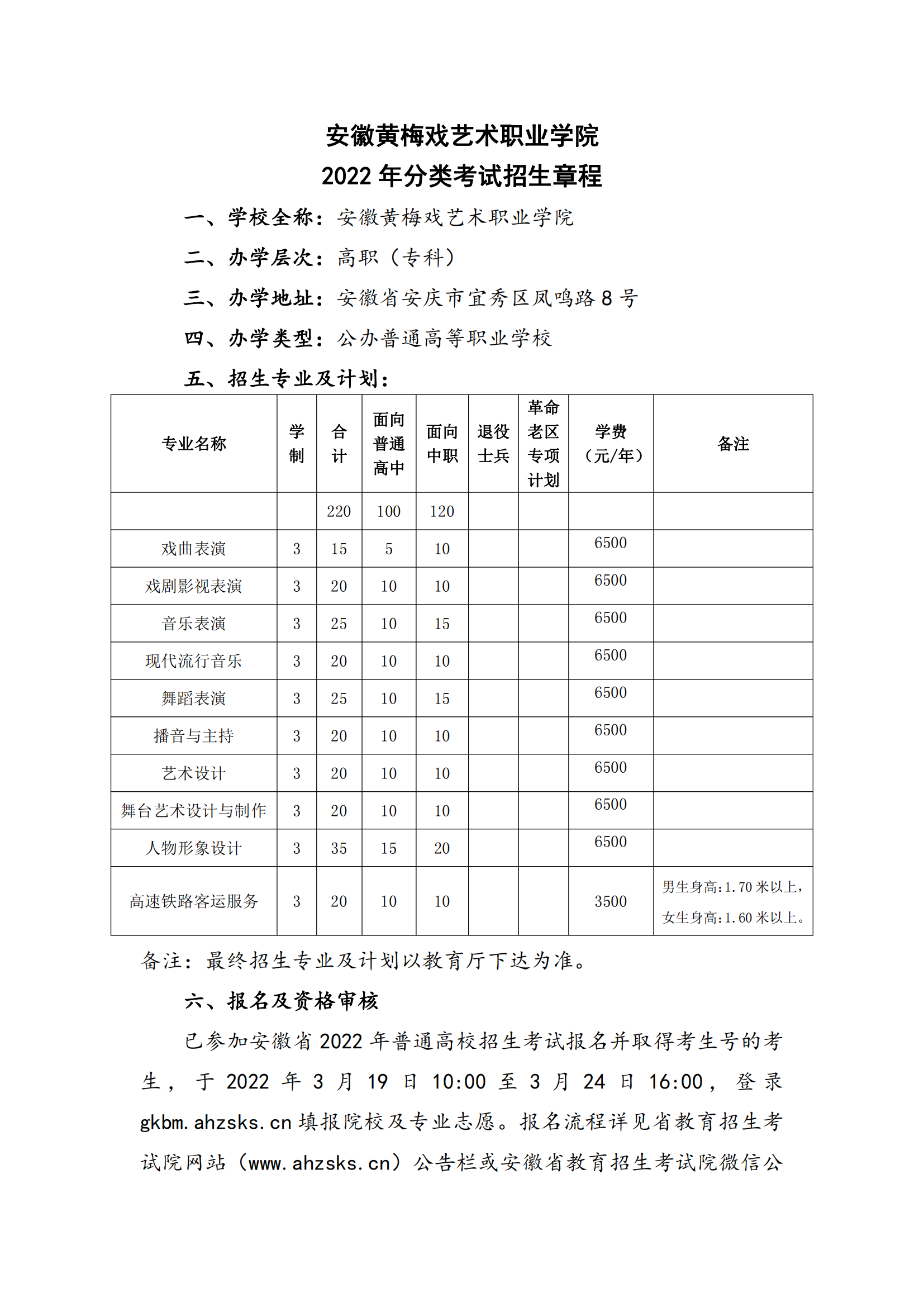 安徽黃梅戲藝術職業學院2022年分類考試招生章程