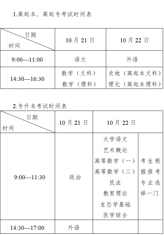 2023年全国成人高考统一考试时间安排表