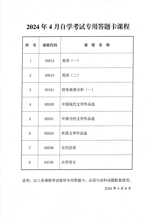 2024年4月陕西省高等教育自学考试专用答题卡课程、传统卷课程信息