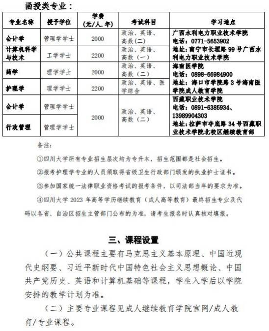 四川大学2023年高等学历继续教育（成人高等教育）招生简章