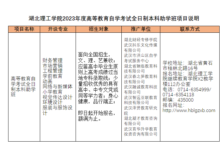 湖北理工学院2023年度高等教育自学考试全日制本科助学班项目说明