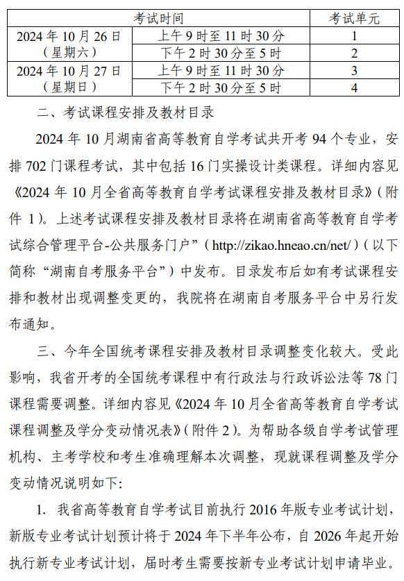 关于2024年10月湖南省高等教育自学考试课程安排及教材目录有关事项的通知