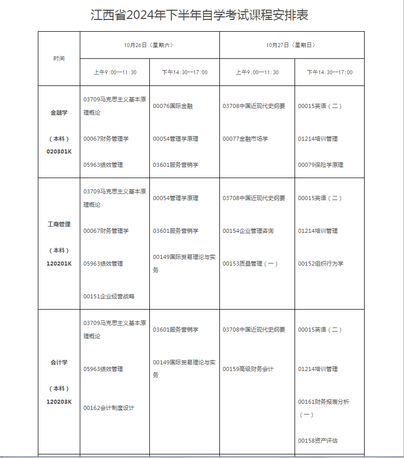 2024年10月江西省自学考试考试安排