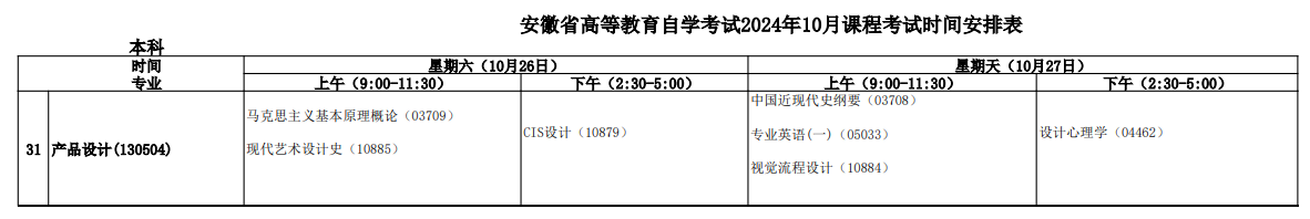 2024年10月安徽省自考考试安排