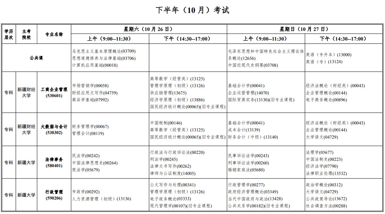 2024年10月新疆自考考试安排