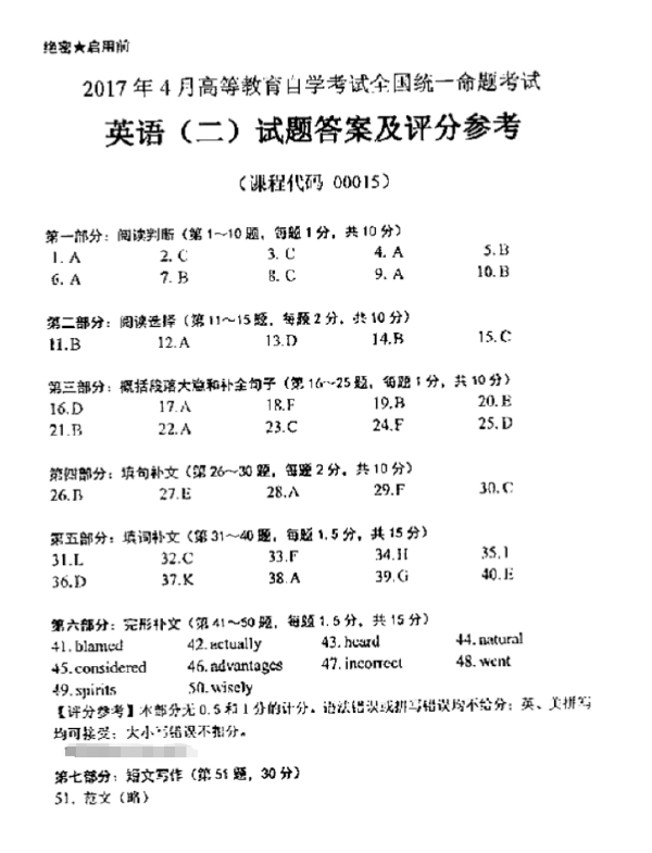 2017年4月自考英语二真题答案-1