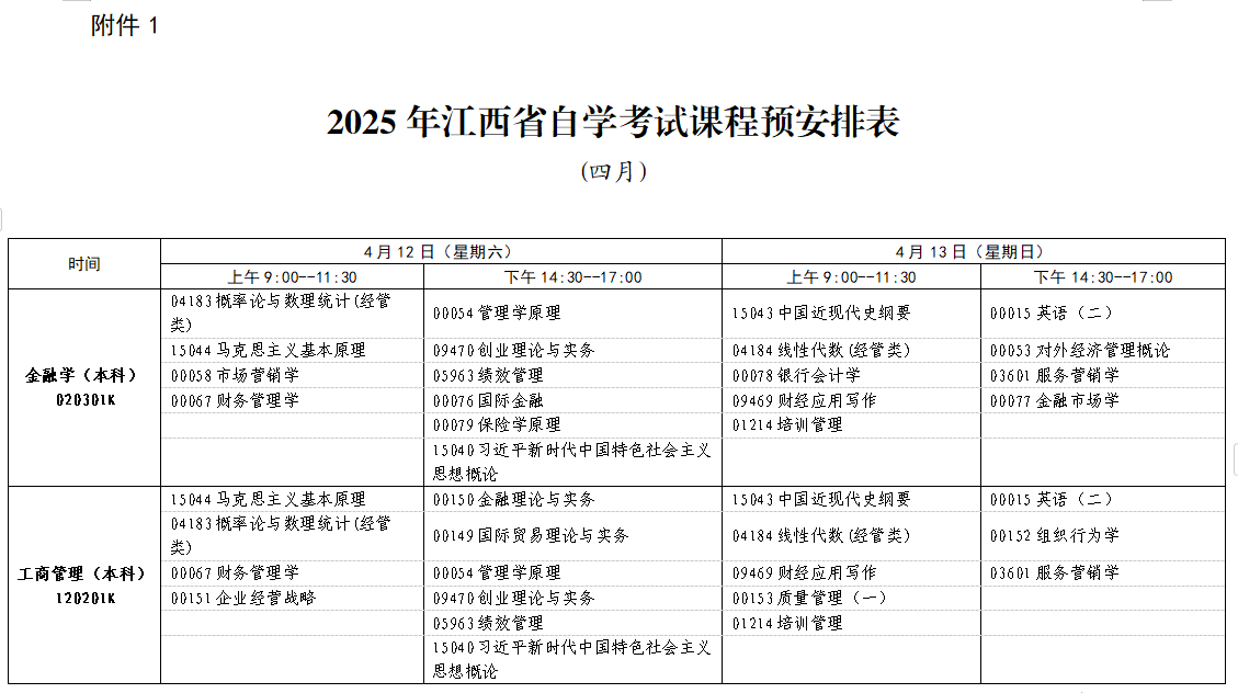 江西省2025年4月自考考试安排