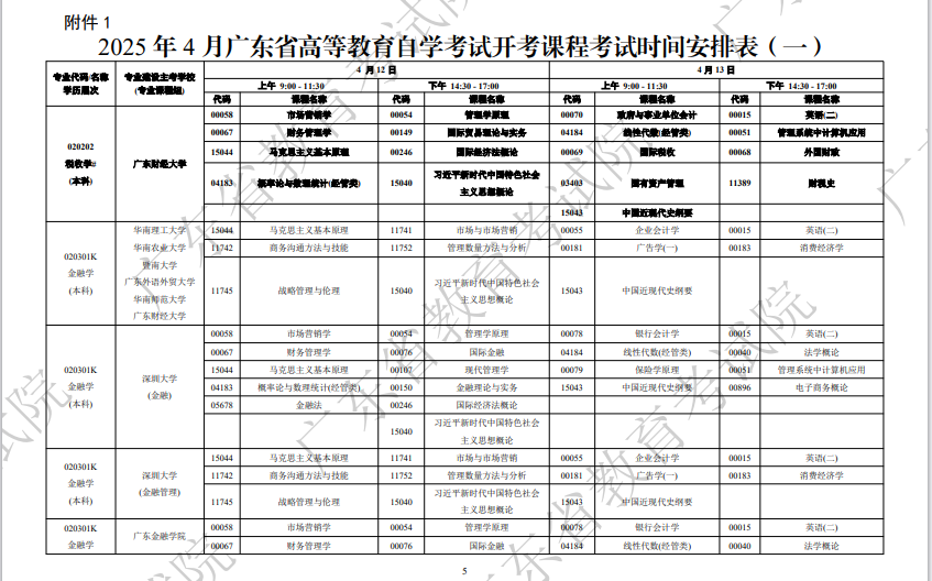 2025年4月广东省自考考试安排