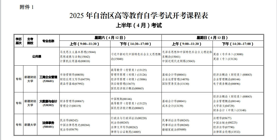 2025年4月新疆自考考试安排