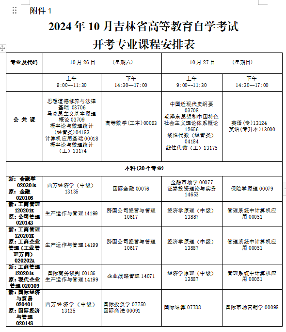 2024年10月吉林省自学考试考试安排