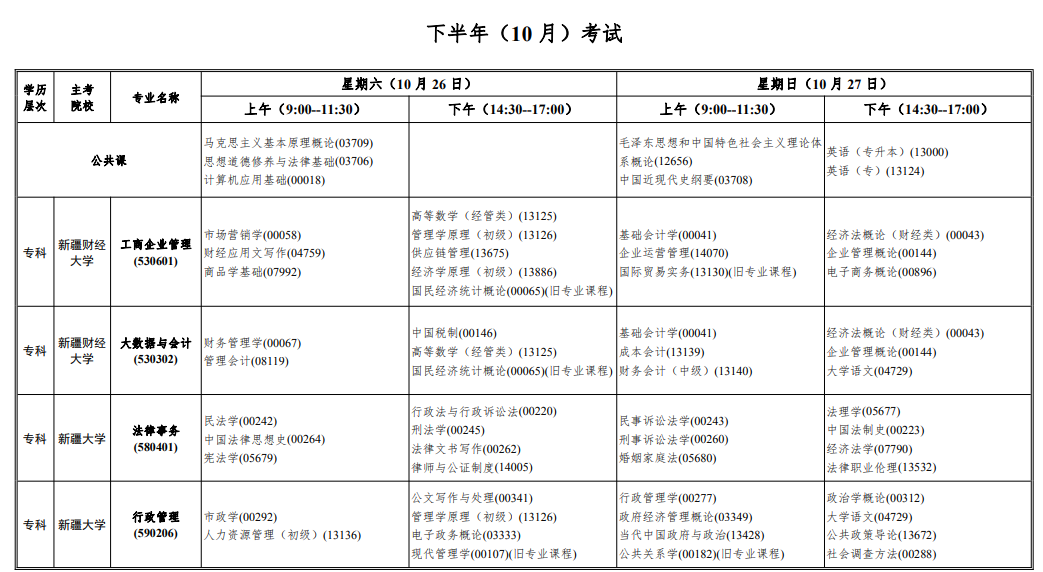 2024年10月新疆自考考试安排