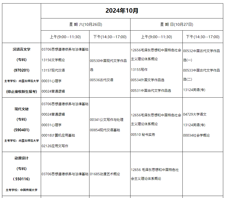 2024年10月内蒙古自治区高等教育自学考试笔试课程考试时间安排表及实践课考试安排