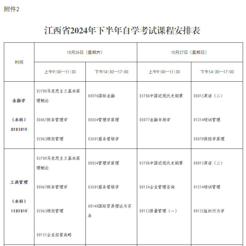 2024年10月江西省自学考试考试安排